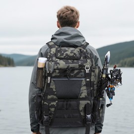 Anpress 48L Fishing Backpack Fishing Tackle Backpack with 4 Tackle Boxes & USB Charging Port & 3 Rod Holder, Lightweight Fishing Tackle Bag Storge Gear and Equipment, Fishing Gift for Men