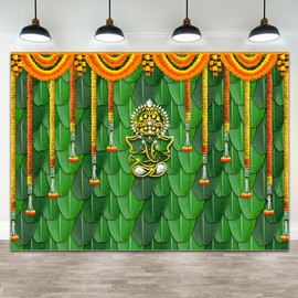 Wollmix Pooja Backdrop Decoration Cloth Items Indian Ganpati Puja Traditional Chatiya Ganesh Mehndi Photography Background Festival Wedding Party Marigold Garlands Photo Booth Props Banner 7x5ft