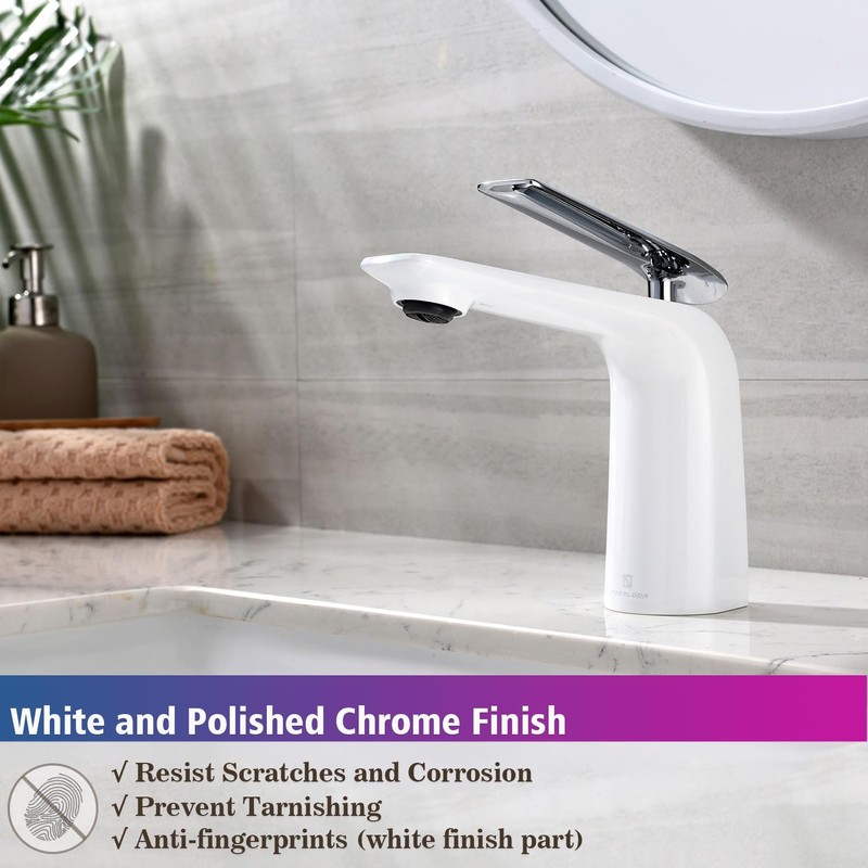 TOCALOCA White and Polished Chrome Bathroom Sink Faucet Single Handle