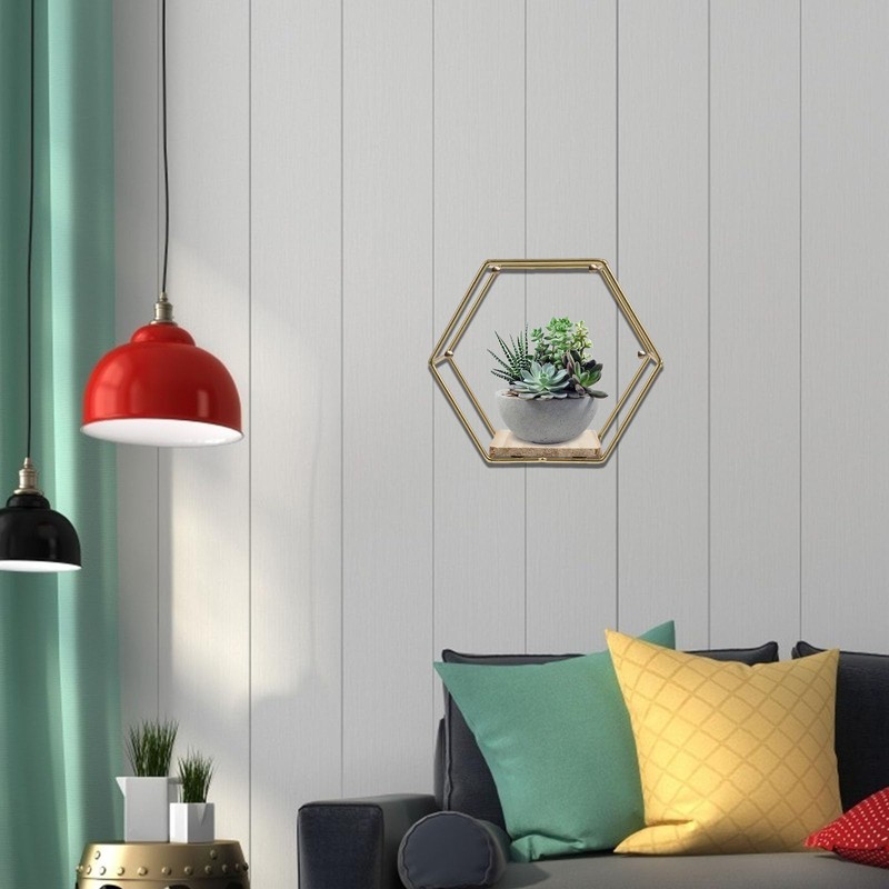 STOBAZA 2 Pack Hexagonal Wall Mounted Gold Shelves Wall Decor