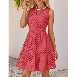 ZESICA Women's Summer Sleeveless Mini Dress V Neck Hollow Out Eyelet High Waist A Line Swing Short Party Dresses,Watermelon,Large