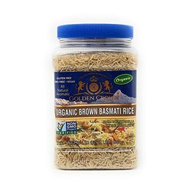 Golden Crown Organic Brown Basmati Rice - Non GMO, Gluten Free, Vegan Natural Aromatic Naturally Aged Long Grain & Wild Fragrant Kosher & Halal Kitchen - 32OZ (2LBS)
