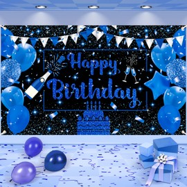 Navy Blue Birthday Banner - Large Blue Black Happy Birthday Backdrop for Boys & Girls - Champagne Glass Balloons Photo Booth Background for Man & Women - 71x44 Inch