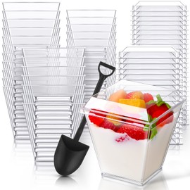 100 Pcs Square Dessert Cups with 100 Shovel Shape Dessert Spoon Clear Plastic Appetizer Cups with Lids Mini Parfait Cups Shovel Spoon for Party Favors, Desserts, Appetizers, Puddings, Yogurt (8 Oz)