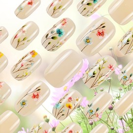 24Pcs Summer Flower Press on Nails Green Leaves Medium Square Fake Nails Acrylic Full Cover False Nail Glossy Colorful Flowers Stick on Nail Leaf Gel Glue on Fingernails for Holiday Manicure Art