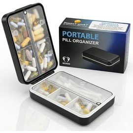 Travel Pill and Small Item Organizer Case, Compact Weekly Storage for Vitamins, Tablets, Jewelry and Travel Essentials - Pill Box Moisture Proof Magnetic