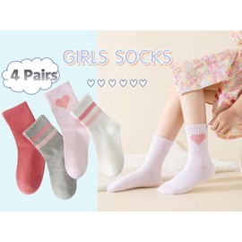 Wamvp Girls Socks Kids Pink Crew Athletic Socks with Hearts Striped 4 Pairs for Children 10-12 Years