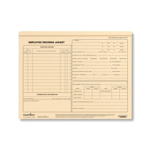 ComplyRight Employee Records Jacket – Standard, Letter Size | 11-3/4” x 9-1/2” | Recordkeeping Folders | 25 Pack