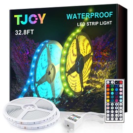 TJOY Waterproof LED Light Strips 32.8ft, IP65 Outdoor LED Strip Lights Waterproof with 44 Key IR Remote, Color Changing RGB LED Lights for Bedroom、TV、Kitchen、Indoor/Outdoor Decor(16.4 * 2)