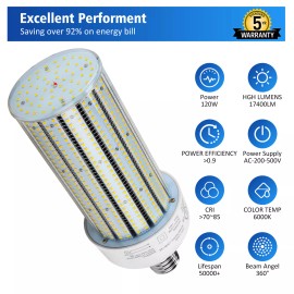 Ngtlight 120W LED Corn Light 500W Equival High Bay Wall Pack Fixture Bulb 6000K 480V 347V