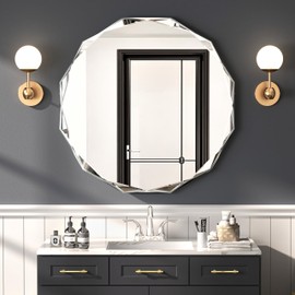 MUAUSU Frameless Scalloped Wall Mirror for Bathroom - Round 24'' X 24'' X 1" Beveled Edge Frameless Bathroom Mirror