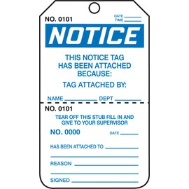 Accuform TPP203CTM PF-Cardstock Repair Tag, Legend "Notice This Notice Tag has Been Attached", 5.75" Length x 3.25" Width x 0.010" Thickness, Blue/Black on White (Pack of 5)