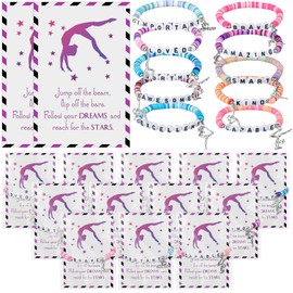 Zeyune 20 Set Gymnastics Bracelets Gymnastics Team Gifts Bulk for Women Stackable Clay Bead Adjustable Bracelets Inspirational Sports Cards for Team Players Sports Party Favors Bulk