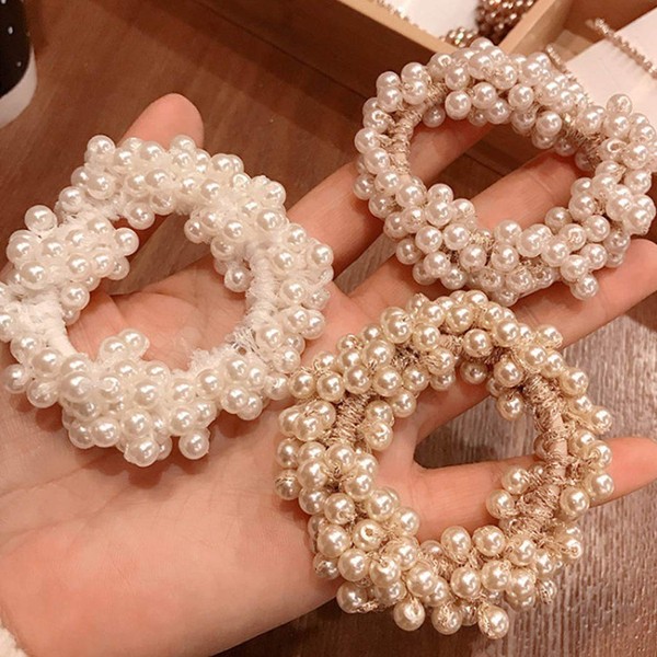 Unicra Pearl Hair Ties Fashion Elastic Hair Scrunchies Set Beaded Hair Ropes Fancy Pearls Ponytail Holder Hair Accessories for Women and Girls 3PCS (Pearl)