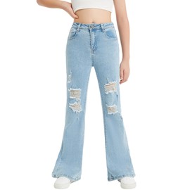 EXARUS Girls Flare Jeans Bell Bottom Ripped Distressed Denim Pants Kids Casual Mid Rise Elastic with Pockets Washed Light Blue 12Y