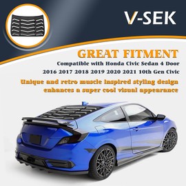 V-SEK Rear Window Louver Compatible with Civic Sedan 4 Door 2016 2017 2018 2019 2020 2021 10th Gen Windshield Sun Shade Cover in GT Lambo Style ABS Matte Black