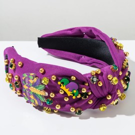 Poememgi Mardi Gras Jeweled Headband, Embellished Crystal Pearl Knotted Headbands, Wide Top Knot Headband for Women