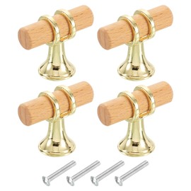 sourcing map 4Pcs T-Bar Wooden Drawer Pulls, 1.57" x 0.75" Wood Cabinet Pulls Single Hole Drawer Knobs with Gold Base and Screws for Home Kitchen Room Closet Cupboard, Beech