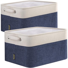BALEINE 2 Pack Fabric Storage Bins for Shelves, Linen Storage Baskets for Organizing, Decorative Closet Bins for Clothes, Home (Navy Blue, 15"x11"x9.5") ﻿