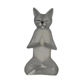 Brave Wings Hand Carved Wooden Cat ~ Meditating Grey Cat 25cm High ~ Ornament Sculpture Figurine Statue Unique Table Decoration Home Decor ~ 5170