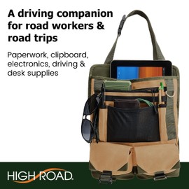 High Road Cotton Canvas Front Seat Organizer with Tablet and File Compartments, 9-pocket Car Office Passenger Seat Organizer