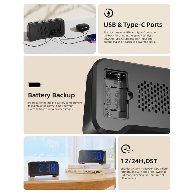 Alarm Clocks Bedside with Night Light, Digital Clock for Living