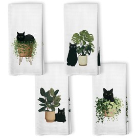 Zeuiwr Black Cat Botanical Kitchen Towels Set of 4, Sage Green Farmhouse Plant Decorative Hand Towel for Bathroom, Black Cat Mom Lovers Gifts Dish Tea Towels for Kitchen Decor, 16x24 Inch