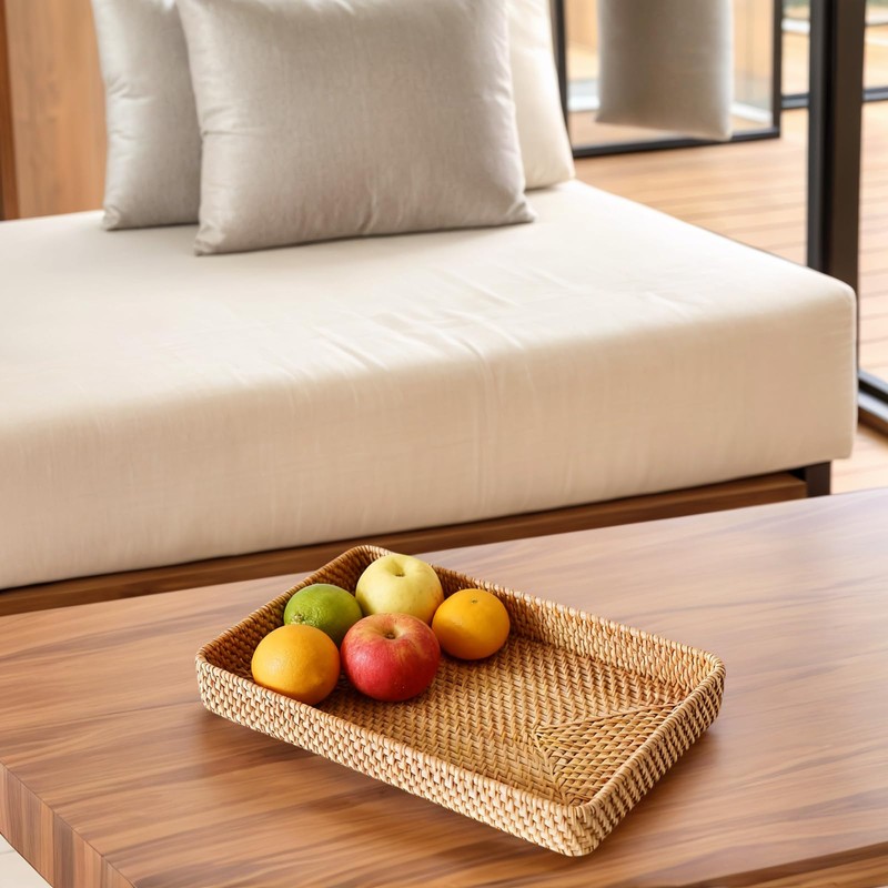 KALEKAIL Rattan Serving Tray, Woven Wicker Rectangle Tray Shallow Basket