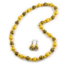 Long Wood Bead Necklace and Earring Set with Animal Print in Yellow Colour/ 80cm L