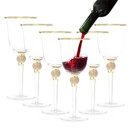 BERKWARE Premium Wine Glasses Set of 6 - Crystal Long Stem Wine Glass with Gold Rim & Rhinestone Design - 18 oz