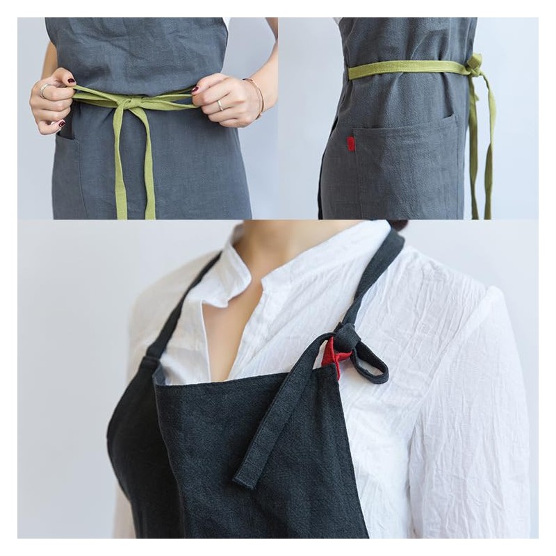 umeluck Apron, Linen, Cafe Style, Adjustable Hip Length, Simple with
