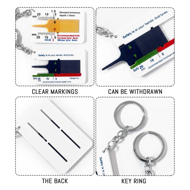 4-Piece Tyre Tread Depth Measuring Tool with Key Ring, Plastic