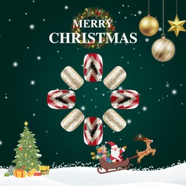 Christmas Press on Nails Short Square French Tip Fake Nails Green False Nails with Christmas Tree & Gold Glitter Designs Glossy Winter Glue on Nails Xmas Acrylic Nails for Women Girls 24 Pcs