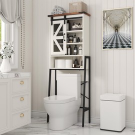 kepptory Over The Toilet Storage Cabinet, Above Toilet Storage Cabinet with Adjustable Shelves and Barn Door, Farmhouse Behind Toilet Bathroom Organizer for Bathroom, Laundry Room, Off-White