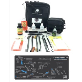 RangeMaster Elite EDC Bag Gun Cleaning Kit- Compatible for S&W M&P Shield - Instructional Step by Step Mat with Hoppes Gun Oil No.9 Solvent & Patches Clenzoil CLP 10 Pc Cleaning Accessories Set
