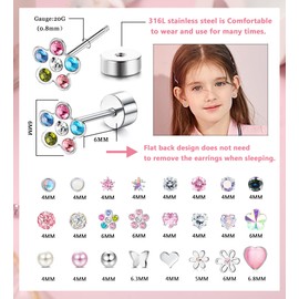 YADOCA 24 pairs Hypoallergenic Screw Back Earrings for Women Girls Surgical Steel Cute CZ Heart Flower Pearl Ball 4mm Tiny Flat back Screwback Stud Earring set