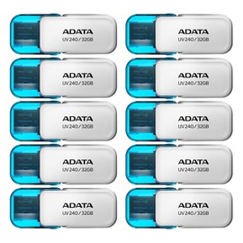 PSA COMPUTO Y PAPELERIA Kit 10 Piezas Memoria USB 32 GB ADATA (Modelo AUV240-32G-RWH) Flash Drive 2.0, Compatibilidad Completa, USB Tipo A con Capucha Abatible, (Blanco)
