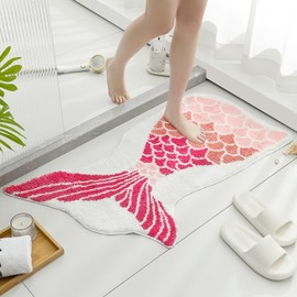 YRXRUS Mermaid Bathroom Rugs, Ocean Decor Bath Mat Gifts, Pink Bathroom Rug, Cute Mermaid Scales Tail Shape Bath Rug for Summer Room Decor, Machine Washable & Non-Slip Bath Mat, 23x39 Inch