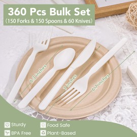 Phyyixs 360 Count Compostable Cutlery Set - 150 Forks, 150 Spoons, 60 Knives. Extra Heavy Duty Silverware, Heat Resistant & BPA-Free. Disposable Utensils for Wedding, Party, Daily Use.