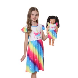 Bow Dream Toddler Girls Dress and Matching American Girl Doll Clothes Accessories for Girls Rainbow Stripes Unicorn Size 110