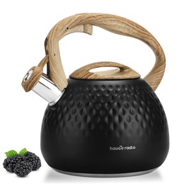 Hauce Radio Tea Kettle Stovetop,2.5QT Stainless Steel Whistling Teapot for Stove Top Aesthetic,Portable Water Kettles Camping with Anti-hot Silicone Handle,Suitable for All Heat Sources,Black