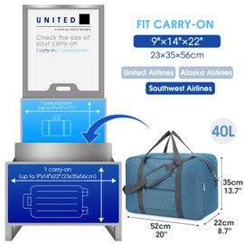 For United Airlines Foldable Carry on Bag 22x14x9 Travel Duffel Bag Packable luggage Duffle for Women and Men 40L (Navy Blue (With Shoulder Strap))