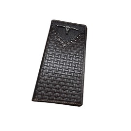 Urbalabs Mens Long Wallet Basketweave Tooled Leather Longhorn Concho Studded Checkbook Style Cowboy Hand Crafted High End Mens Wallets Leather Gifts For Men (Coffee)