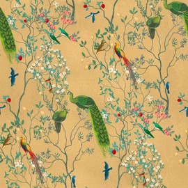 VEELIKE Yellow Chinoiserie Wallpaper Peel and Stick Vintage Birds Floral Wallpaper for Bedroom Bathroom Living Room 17.7''x354'' Removable Pre-Pasted Floral Mural Contact Paper for Walls Cabinets