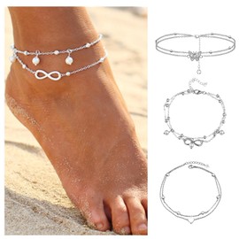 AYNKH 3 PCS Ankle Bracelets for Women Adjustable Butterfly Silver Foot Bracelet Heart Layered Anklets Lucky 8 Beaded Pearl Double Layer Foot Jewelry for Girls