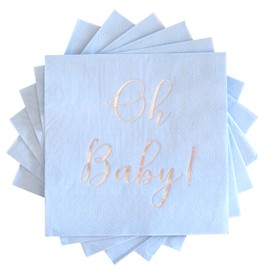 Baby Shower Napkins - 50 Pack Disposable Paper Luncheon Cocktail Napkins with Foil "Oh Baby!" Folded 6.5"x6.5" for Boy Baby Shower Party (Blue with Silver)