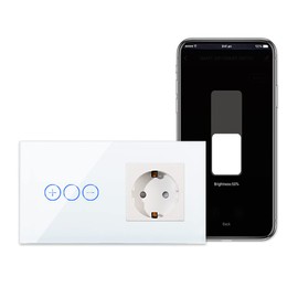 CNBINGO WLAN Dimmschalter mit Schuko Steckdose unterputz - Smart Touch Lichtschalter Arbeit mit Alexa, Google Assistant - Glas Wandschalter Weiß - Neutralleiter Wird Benötigt