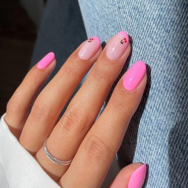 Cute Short Almond Press on Nails Pink OFDNE French Tip Fake Nails with Cherry Designs Full Cover False Nails Glossy Glue on Nails Reusable Stick on Nails for Women Girls 24 Pcs