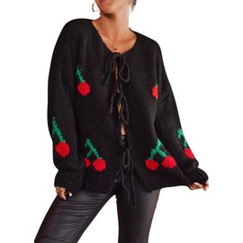 myzgx Women's Cute Y2K Cherry Bow Knot Cardigan Sweater Crewneck Chunky Knit Coatigan Coat Tops (Medium, Black)