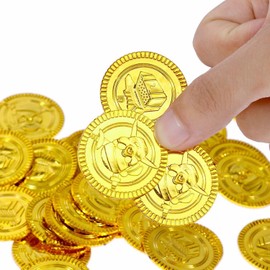 CXNXFD Pack of 50 Gold Coins, Pirate Treasure Gold Coins, Play Money Children's Birthday, Gold Coins Play Money for Children, Toy Party Bag with Children's Birthday Party Bag